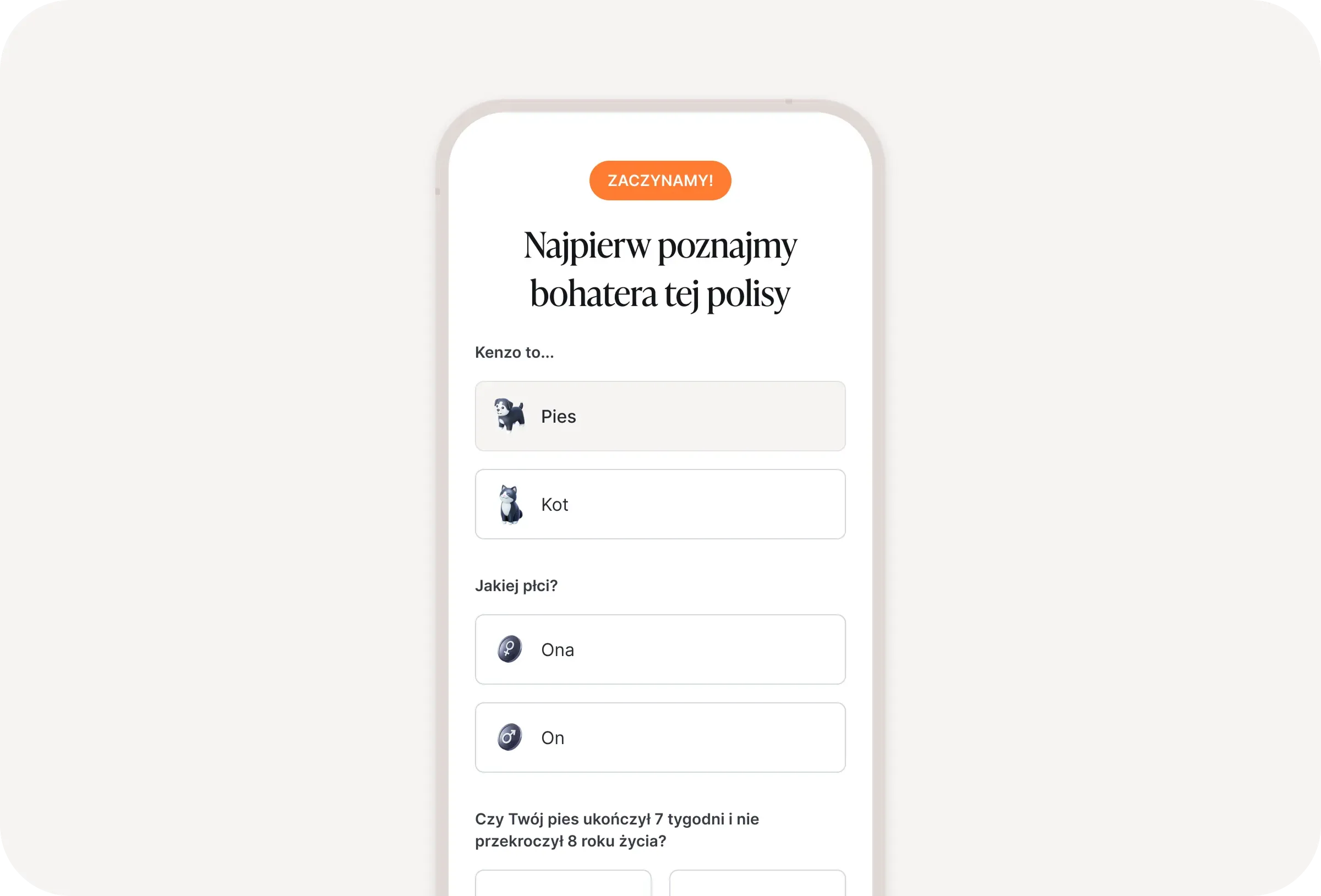 Zrzut ekranu formularza w aplikacji Simpl Rent do zakładania polisy dla zwierzęcia – wybór gatunku, płci i wieku pupila.